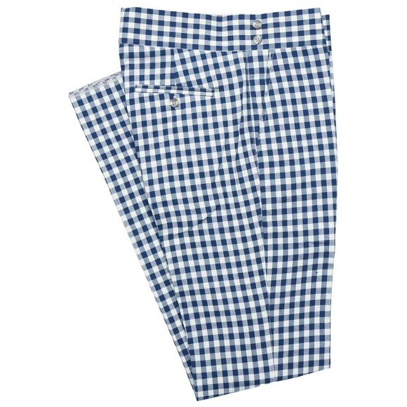 Mens Gurkha Pants Blue Beige Check Plaid Slim High Waist Flat
